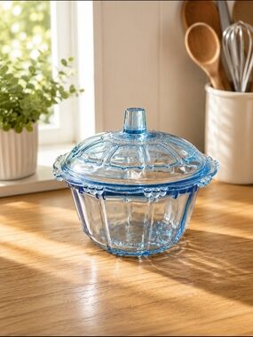 Vintage KIG Indonesia Blue Glass Lidded Candy Dish - Oyster & Pearl Pattern